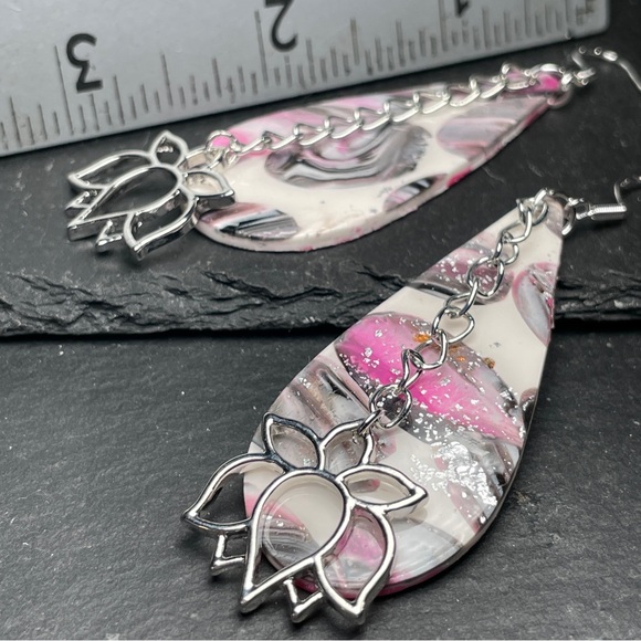Elegant Pink, Gray and Silver Artisan Lotus Flower Dangle Earrings - Picture 11 of 12